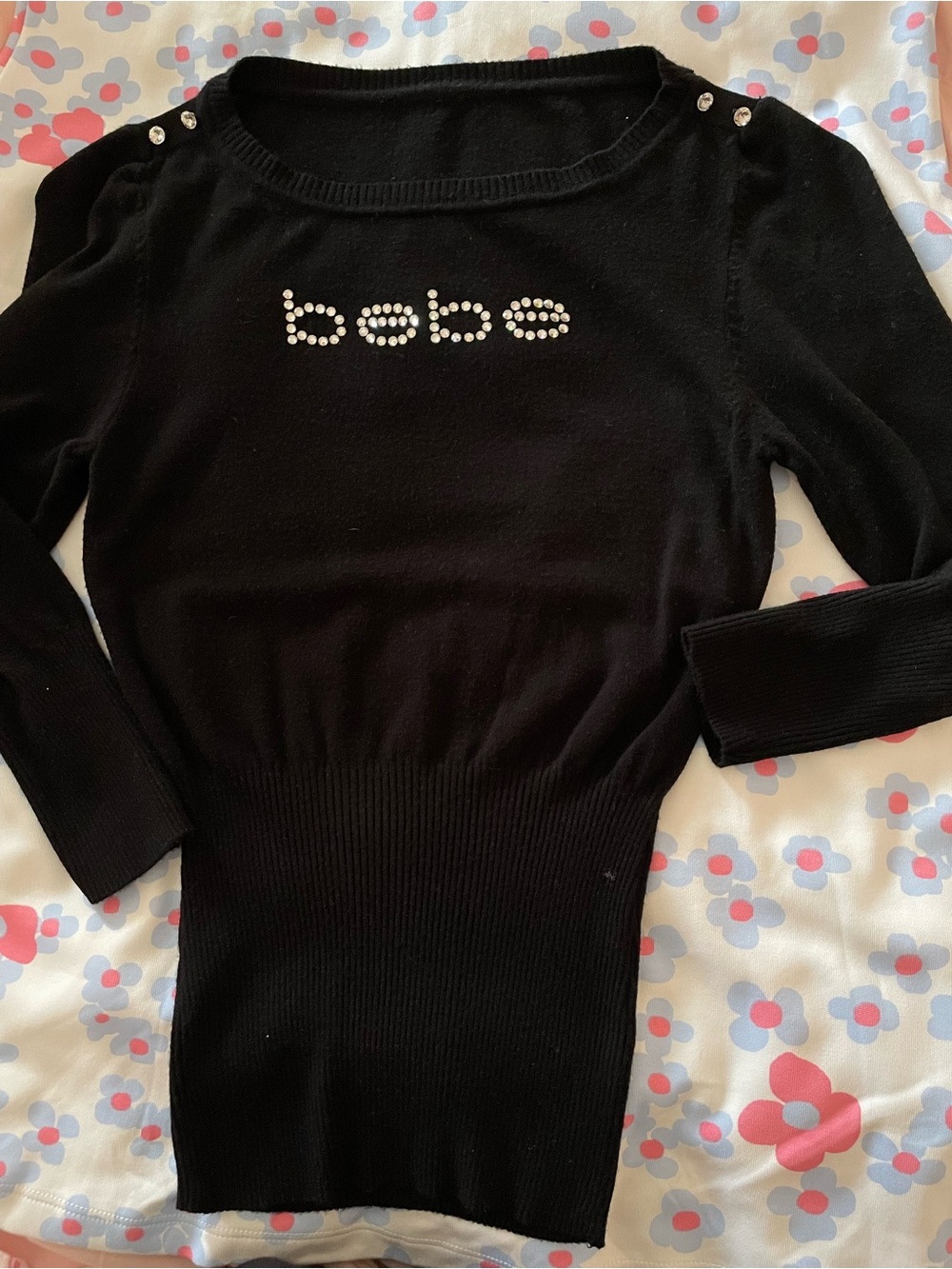 bebe Black Rhinestone Logo Top Crystal Buttons Womens small